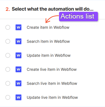 How to select an action for GoHigh Level and Webflow integration