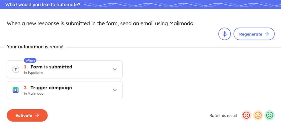 Integrately's AI automation builder showing a prompt used to set up automation for Mailmodo integration, wherein submitting a Typeform form automatically triggers a Mailmodo email campaign—demonstrating a no-code Mailmodo integration in action